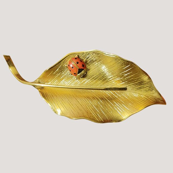 Vintage WELLS 14K Gold Filled Leaf Bug Pin Enamel Retro Ladybug Brooch Nature - Picture 1 of 11